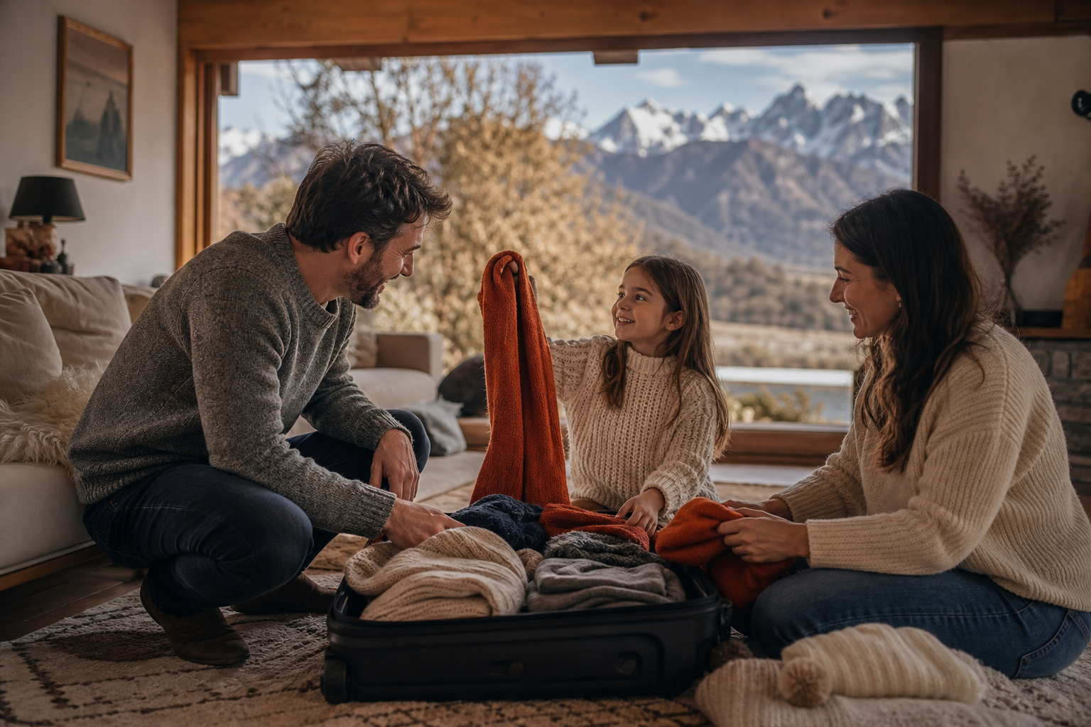 Familia preparando el equipaje para las vacaciones de invierno
